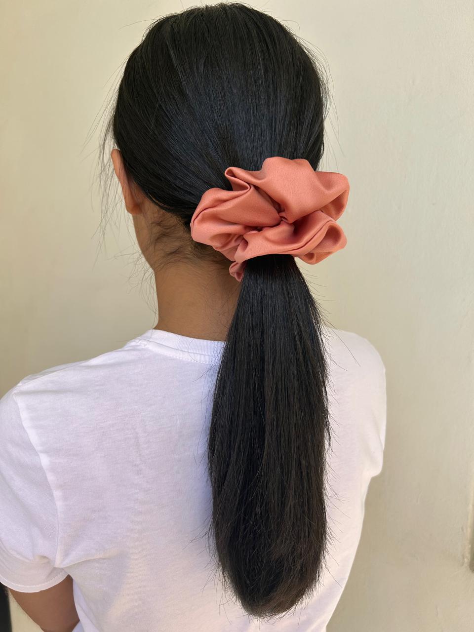 Small Coral Satin Scrunchie