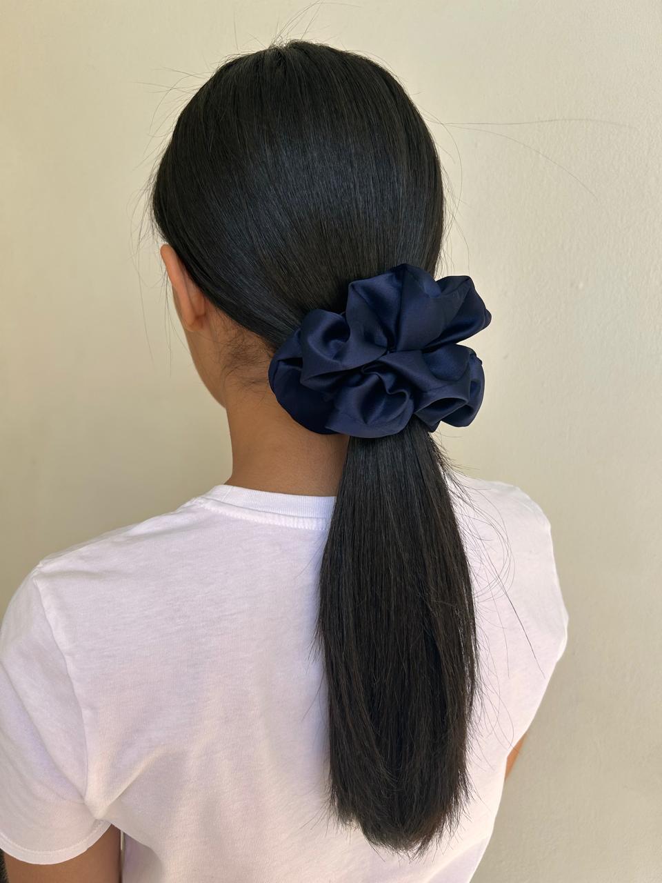 Medium Blue Satin Scrunchie
